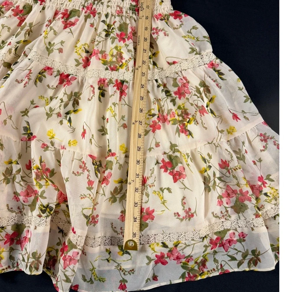 Taylor Floral Chiffon Tiered Mini Dress Cream Pink Smocked Waist Size M‎ - Picture 2 of 9